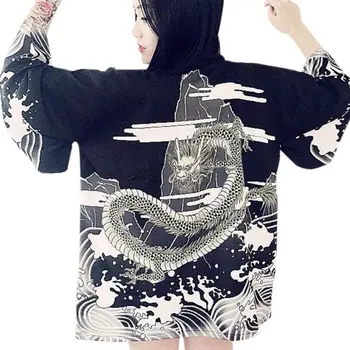 Femei Stil Harajuku Print Bluza de Moda Valuri și Vânt Dragon Print Doamnelor Șifon Vrac Tricouri