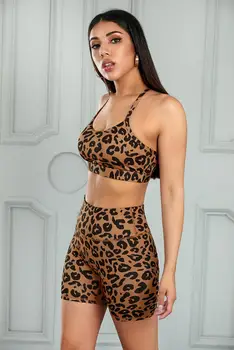 Vară Fără Sudură Yoga Femei Set 2 Piese Leopard Print Crop Top Sport Sutien Rezervor De Pantaloni Scurți Sportsuit Antrenament Tinuta Sala De Fitness Seturi
