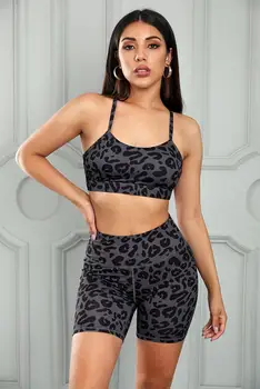 Vară Fără Sudură Yoga Femei Set 2 Piese Leopard Print Crop Top Sport Sutien Rezervor De Pantaloni Scurți Sportsuit Antrenament Tinuta Sala De Fitness Seturi