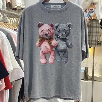 Casual Tricot de Bumbac de Înaltă calitate cu Maneci Scurte T-shirt Femei Coreea de Urs de Imprimare Harajuku Nou Liber Îngroșa Teuri Topuri