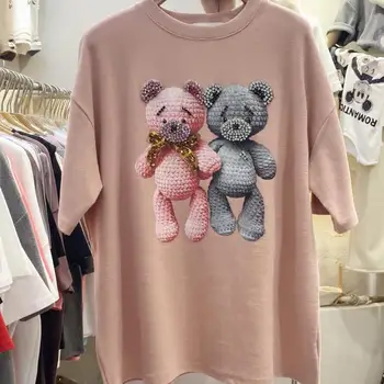 Casual Tricot de Bumbac de Înaltă calitate cu Maneci Scurte T-shirt Femei Coreea de Urs de Imprimare Harajuku Nou Liber Îngroșa Teuri Topuri
