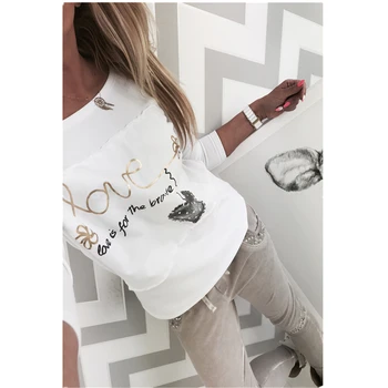 Femei de moda 2020 Primavara Toamna tricouri Scrisori de Dragoste Imprimate Mozaic O-Neck Tee Camasa Maneca Lunga Casual Alb Topuri