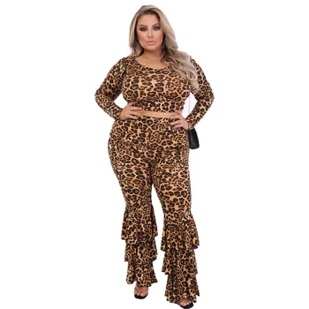 2020 Toamna Plus Dimensiunea Femei Leopard de Imprimare de Două Seturi de Piese Doamna V-gât Scurt Teuri Talie Înaltă Cascadă Volane Evazate Pantaloni Set