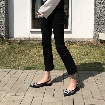 2019 primăvara și vara nou stil Stras catarama Dantela Zână Sandale Ascuțite ochiurilor de plasă sexy fund Plat de sex feminin sandale plate