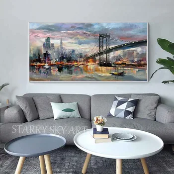 Oraș Peisaj pictat de Mână de Înaltă Calitate Contemporană, New York, Zgârie-nori Pictura in Ulei pe Panza New York Pod Pictură în Ulei