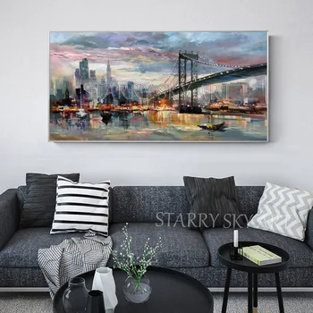 Oraș Peisaj pictat de Mână de Înaltă Calitate Contemporană, New York, Zgârie-nori Pictura in Ulei pe Panza New York Pod Pictură în Ulei