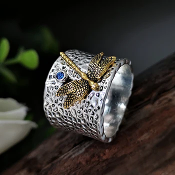 Moda Vintage Libelula Inel de Galvanizare Thai Argint Aur Libelula cu Albastru de Mare Piatră de Inel Lat Petrecere de Nunta Bijuterii