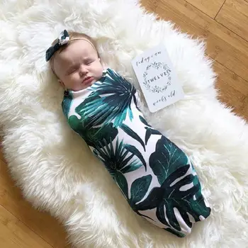 2 BUC Copil de Moda Tipărite Muselină Pătură Nou-născut Sac de Dormit Înfășa Folie + Headband Set nou-Nascuti Fotografie Prop