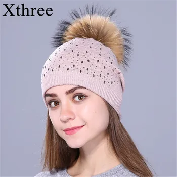 Xthree căciuli Tricotate Pălărie de iarnă pentru femei și fete reale blană de raton pom pom pălărie de lână chelioși capac de sex Feminin