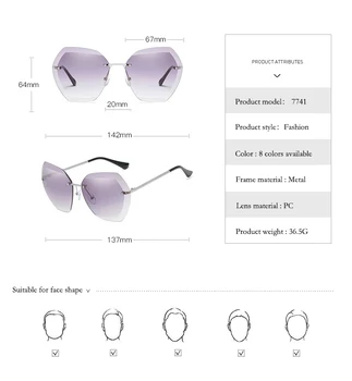 Gradient Lens fără ramă de ochelari de Soare Hexagon Mare Supradimensionate Nuante Ochelari Ochelari de soare pentru femei ochelari de pescuit