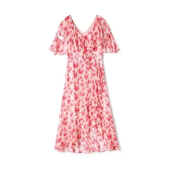 Schinteon Mătase naturală Print Dress V-Gât Guler cu Volane Rochii Elegante Femei de Vară 2020 Roz, cu Captuseala