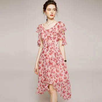 Schinteon Mătase naturală Print Dress V-Gât Guler cu Volane Rochii Elegante Femei de Vară 2020 Roz, cu Captuseala