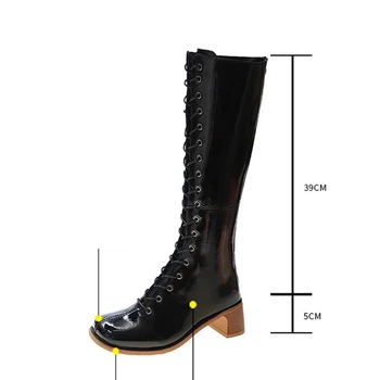 2020 De Brevete Din Piele Toc Cizme Pentru Femei Pantofi Deget De La Picior Pătrat Tocuri Indesata Cu Fermoar Doamna Cizme Lungi De Toamnă Negru