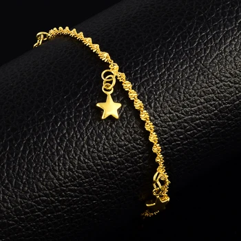 En-gros de aur pur de culoare 2mm val lanț cu stele farmecul brățară pentru Femei / fete 18cm lungime. Aur de 24K GP Femei Bijuterii