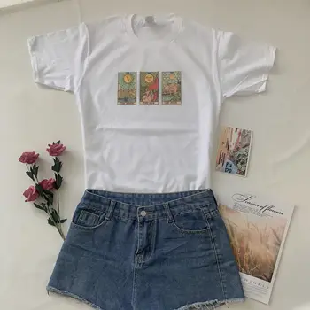 Sunfiz YF Moda Vintage Sun Moon Star Cărți de Tarot T-Shirt Femei Drăguț Estetice Casual Imprimat Tee Hipsters Vrăjitoare Tricou