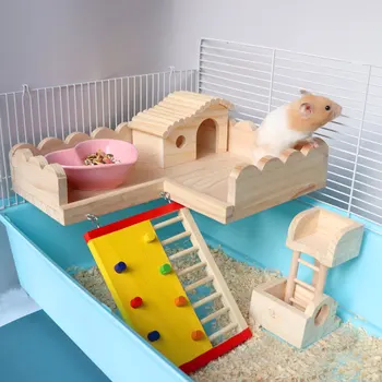 Hamster platforme cu scări veveriță, arici dragon cat tava de echilibru Ursul de Aur din lemn masiv pedala de hamster jucărie de-al doilea etaj