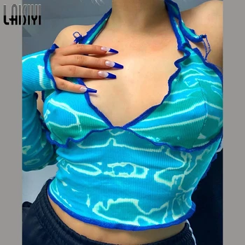 LAISIYI bodycon mozaic femeie club halter tricou vogue imprimare fără mâneci mare streetwear feminin Stretch tricot de toamna culturilor sus