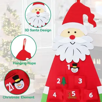 De crăciun DIY Simțit Crăciunul Moș crăciun Agățat de Perete Santa Simțit Calendar Advent, Cu 24 Buzunare Zile Calendar Numărătoarea inversă Pentru Decor Acasă