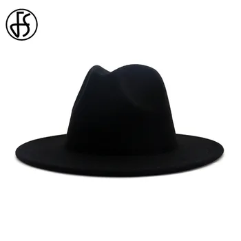 FS 60CM Negru Camel Mozaic Panama Lână Simțit Pălării Fedora Femei Bărbați Margine Largă Trilby Jucător Partid Lady Jazz Capace