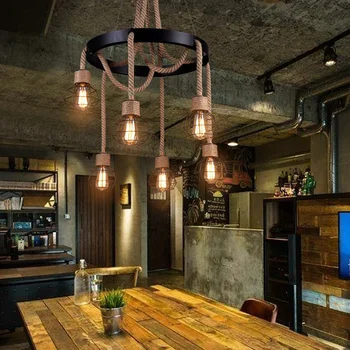 Vintage cânepă frânghie candelabru Negru din fier forjat 6 cap cușcă de fier lampă de agățat stil industrial loft bar restaurant cafenea de iluminat