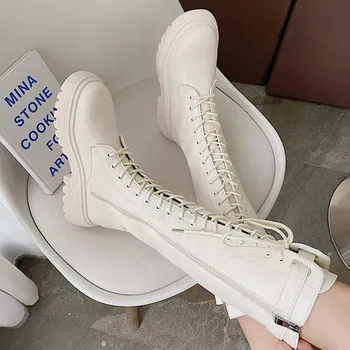 RIBETRINI Femei Brand Platforma pantofi dantela Mid Calf Pantofi Femei Cataramă Masiv Punk Indesata Toc Cizme Ghete Casual 2020
