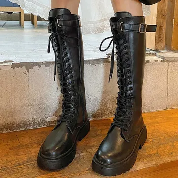 RIBETRINI Femei Brand Platforma pantofi dantela Mid Calf Pantofi Femei Cataramă Masiv Punk Indesata Toc Cizme Ghete Casual 2020