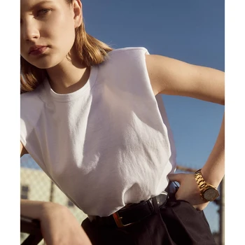 Franța Design De Brand Umar Larg Streetwear Vara Tricou Femei Topuri De Bumbac De Calitate 2020 Nou Plus Size Solid Tricouri Fără Mâneci