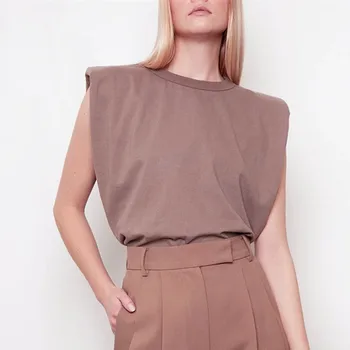 Franța Design De Brand Umar Larg Streetwear Vara Tricou Femei Topuri De Bumbac De Calitate 2020 Nou Plus Size Solid Tricouri Fără Mâneci