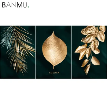 BANMU Nordic Negru și Frunze de Aur Arta de Perete Poster Plante Frunze de Perete, Tablouri Canvas Decor Acasă pentru Living Decor