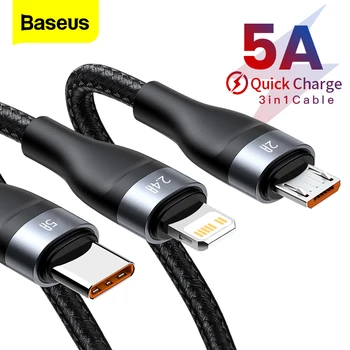 Baseus 5A USB de Tip C Cablu pentru Xiaomi Samsung Încărcare Rapidă de 3 în 1 Cablu de Date pentru iPhone 11 Pro X 8 6S Cablu Micro USB Cablul de Sârmă