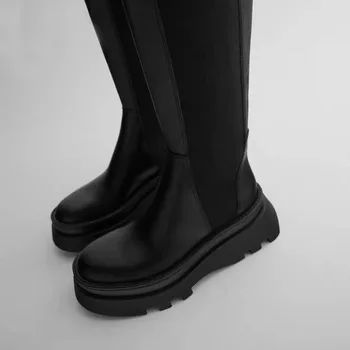 2020 Noi de Iarna pentru Femei Cizme Negre Canelate Unic de Fum Cizme Plate din Piele Cizme Genunchi ridicat cizme Brand