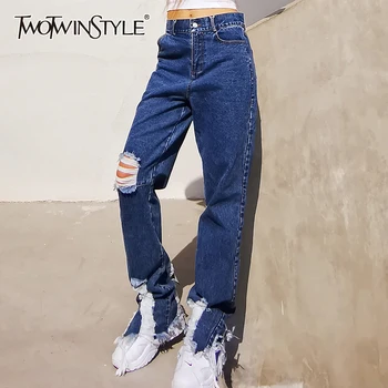TWOTWINSTYLE Streetwear Mozaic Gaura Ciucure Pantaloni Pentru Femei Talie Mare Largi Picior Casual Femei Blugi de Toamna Noi 2020 Moda