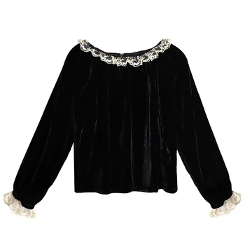 Iarna De Bază A Culturilor Topuri Scurte Femei De Moda Flare Sleeve Dantelă Albă Dulce Drăguț Coreea Stil De Design Dantelă Ciufulit Teu Negru T Shirt