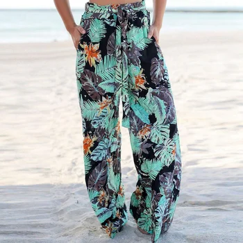 Vara Vintage Boho Largi Picior Pantaloni Talie Mare Libertate De Imprimare Florale Lungi Femei Pantaloni Casual Pantaloni De Plajă
