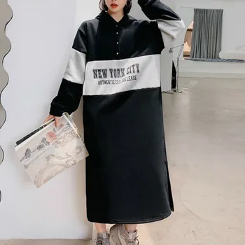 Sweatwear Femei Hanorace Pulover Moda Split Liber Supradimensionat Tricou Rochie Alb Negru Împletit Butonul Print Haină De Catifea