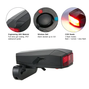 Biciclete Coada Lumina Inteligent Anti-Furt de Alarmă cu LED-uri lanterna pentru biciclete Clopot Electric cu Telecomanda Wireless si USB Cablu