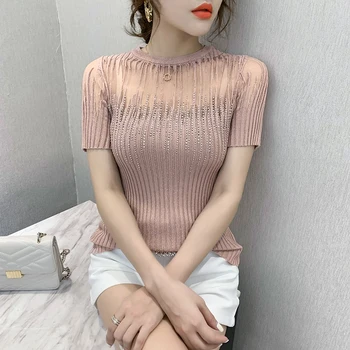 Haine coreene Knit T-shirt Sexy Diamante Transparente Femei Topuri Ropa Mujer Tricou Maneca Scurta Elastica Teuri de Vară 2020 T07616W