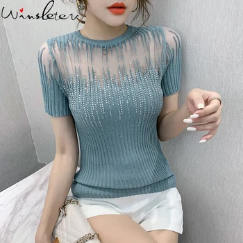 Haine coreene Knit T-shirt Sexy Diamante Transparente Femei Topuri Ropa Mujer Tricou Maneca Scurta Elastica Teuri de Vară 2020 T07616W