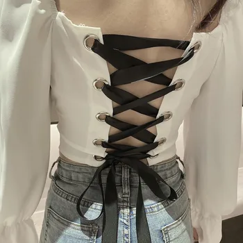 Fete Dulci Pătrat Guler Complet Refracție Maneci Decupate Bluze Femei Solide de Dantelă Sus Înapoi Bluza Crop Topuri Pentru Femei