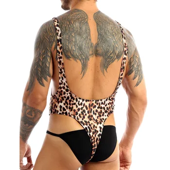 Gay Fierbinte Sexy De Lenjerie Lenjerie Barbati Leopard De Imprimare Fără Mâneci U Gât Adânc Fara Spate High Cut Mankini Brazilian Costum De Baie, Costume De Baie