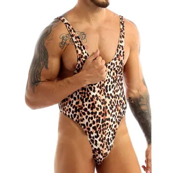 Gay Fierbinte Sexy De Lenjerie Lenjerie Barbati Leopard De Imprimare Fără Mâneci U Gât Adânc Fara Spate High Cut Mankini Brazilian Costum De Baie, Costume De Baie