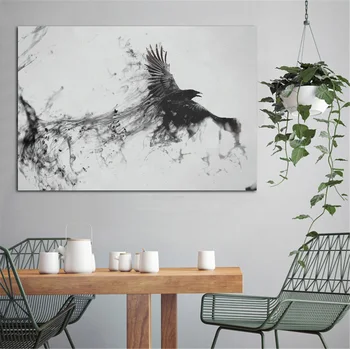 Raven pasăre care zboară vulturul prădător de fum negru și alb living home arta de perete decor cadru de lemn tesatura postere, printuri KD566
