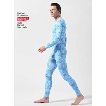 Noua Moda Bărbați, izmene Lenjerie de corp Termice de Flori Cerb Bumbac Imprimare Cald O-Gât Maieuri 1 Set=Top+Pantaloni