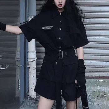 Salopetă Femei High Street Chic Centura Harajuku Hip Hop Negru Fete De Îmbrăcăminte Coreeană Scrisoare De Buzunar Moda De Vara Pentru Femei Salopete
