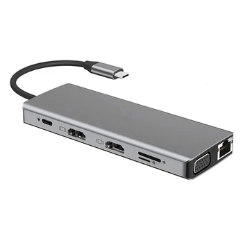 12 în 1 USB de Tip C Docking Station Dual 4K HDMI, USB3.0 USB2.0 PD VGA, RJ45 3.5 mm dual TF/SD Card Slot