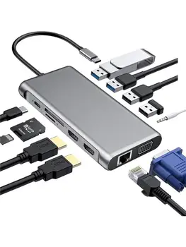 12 în 1 USB de Tip C Docking Station Dual 4K HDMI, USB3.0 USB2.0 PD VGA, RJ45 3.5 mm dual TF/SD Card Slot