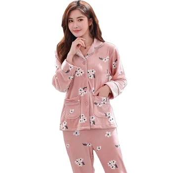 2 BUC Pijamale Costum de sex Feminin Pijamale Coral Fleece Îngroșa Somn Set Pijamale Cald Homewear Pijamale Flanel Homewear Cămașă și Pantaloni