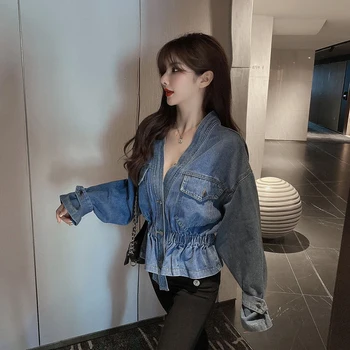 Albastru Scurt Elastic Slim Colecta Talie Jacheta Denim Femei Sexy V-Neck Loose Trunchiate Jean Haină La Modă De Primăvară Uza Stil Coreean
