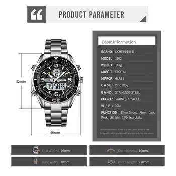 SKMEI Dual Display Ceasuri Mens de Moda Digitale Ceasuri de mana Chrono Alarm Bărbați Ceas Otel Inoxidabil rezistent la apă reloj hombre 1600