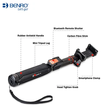 BENRO SC1 wireless Bluetooth fibra de carbon flexibil selfie stick masă trepied pentru iphone X de Acțiune aparat de fotografiat Gopro Sumsang pk smooth4